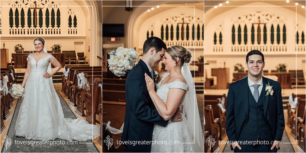 bride and groom portraits in church