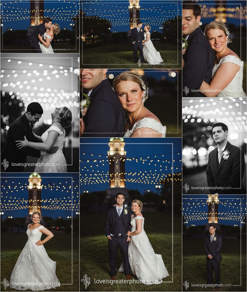 bride and groom portraits at night time